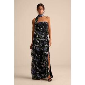 Lulus Corelia Black Floral Velvet Burnout Strapless Sash Maxi Dress - Size M